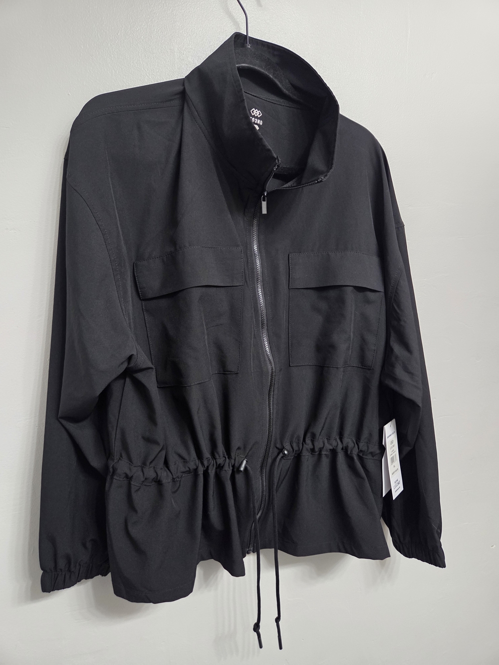 Women’s Black Drawstring Utility Jacket - Casual Zip-Front